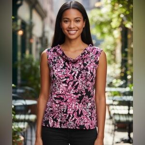 Tahari Arthur S. Levine Women’s Petite PM Sleeveless Floral Blouse Pink/Black